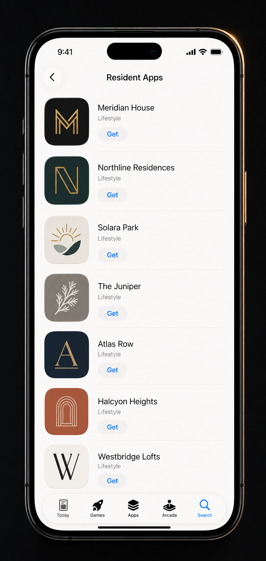 Fictional resident apps shown inside an iPhone 15 Pro Max